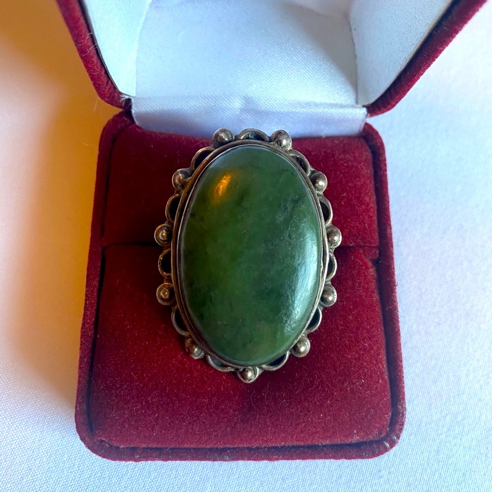 Oval Green Agate Vintage Style Sterling Silver Statement Ring Size 6